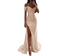 Off Shoulder Abendkleid Damen Lang,Glitzer Kleid Damen,Damen Abendkleider Elegant für Hochzeit Sexy A Linie Elegant Paillettenkleid mit Schlitz Mode Abendkleider Lässig Locker Partykleid Hochzeit
