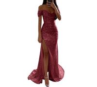 Off Shoulder Abendkleid Lang Glitzer Kleid Damen Abendkleider Elegant für Hochzeit Sexy A Linie Paillettenkleid mit Schlitz Mode Partykleid Lässig Locker