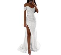 Off Shoulder Abendkleid Lang Glitzer Kleid Damen Abendkleider Elegant für Hochzeit Sexy A Linie Paillettenkleid mit Schlitz Mode Partykleid Lässig Locker