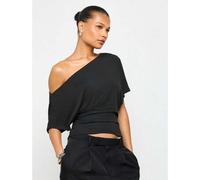 Off-Shoulder asymmetrisches drapiertes T-Shirt mit geraffter Taille, lässig, loose Fit, moderner minimalistischer Stil, Mode-Grundlage, Crop-Länge