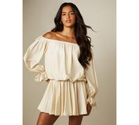 Off-Shoulder Bardot Minikleid mit Puff-Langarm, Bindebündchen, elastischer Taille und ausgestelltem Rock für Sommerpartys