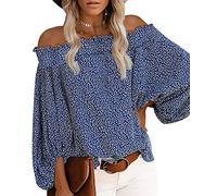 Off Shoulder Bluse Damen Festliche Blusen Damen Hemdbluse Blusenshirt Chiffon Geblümte Bluse Schulterfrei Tunika Damen Langarm Elegant Sommerbluse Oberteile Damen Große Größen Lässige Süße Azul 3XL