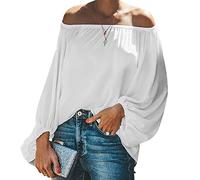 Off Shoulder Bluse Damen Langarm Schulterfreies Oberteil Hemd Hemdbluse Blusen Lässige Oberteile Damen Sommer Blusenshirt Damen Langarm Sommerbluse Oversize Casual Bluse Damen Hemd Frauen Weiß S