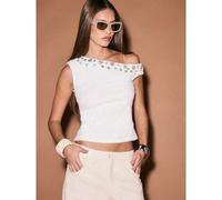 Off-Shoulder gestricktes Top mit metallisch verziertem Ausschnittdetail für Sommerfestival-Anlässe