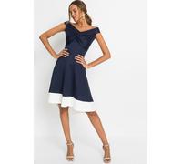 Off-Shoulder-Kleid BONPRIX, Damen, Gr. 44/46 (L), N-Gr, blau (dunkelblau, weiß), Web, Obermaterial: 95% Polyester, 5% Elasthan. Einsatz: 72% Viskose, 23% Polyester, 5% Elasthan, festlich, ausgestellt,