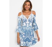Off-Shoulder-Kleid BONPRIX, Damen, Gr. 44/46 (L), N-Gr, weiß, blau bedruckt, Web, Obermaterial: 95% Polyester, 5% Elasthan. Spitze: 100% Polyester, ausgestellt, Kleider Off-Shoulder-Kleid, für Partys,