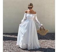 Off-Shoulder Langarm Weiß Bestickter Organza Stoff Tailliert Voller Rock Urlaub Damenkleid