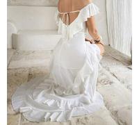 Off-Shoulder Rüschen-Stufen-Kuchenrock, weißes Maxikleid mit hoher Taille, taillierter Taille und asymmetrischem Schlitz