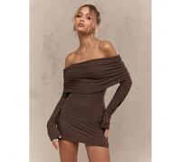 Off-Shoulder, strukturiertes Mini-Kleid mit Raffung, figurbetonter Langarm-Eleganz-Abendkleid für Herbst und Winter