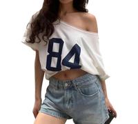 Off The Shoulder Tops für Frauen Kurzarm Y2K Jersey Nummer Grafik Oversized Tshirts E-Girl Tees (Weiß,XL)
