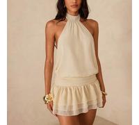Off-White Neckholder-Chiffonkleid,doppelt gerüschtes tailliertes kurzes A-Linien-Kleid,sexy Nachtclub-Stil,Sommer-Musikfestival-Modeoutfit,Dating-Outf