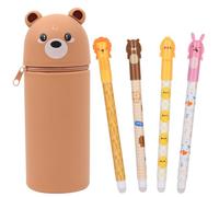 OFFCUP Federmäppchen 2 in 1, Kawaii Federtasche aus Silikon Stand Up Mäppchen Teleskopisch Stiftehalter Schlampermäppchen mit 4 Kugelschreiber Stand Up Federmappe für Studenten (Bär)