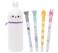 OFFCUP Federmäppchen 2 in 1, Kawaii Federtasche aus Silikon Stand Up Mäppchen Teleskopisch Stiftehalter Schlampermäppchen mit 4 Kugelschreiber Stand Up Federmappe für Studenten (Kaninchen)