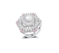 Offener Ring mit floralen Perlen für Damen, verstellbarer rosa & klarer Zirkonia-Kristall, Verlobungsring, Ehering, Größe O-V1/2, zierlicher Strass-Blumenschmuck