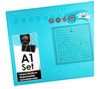 OfficeTree Schneidematte Set A1 90x60 + Rollschneider + Patchwork Lineal 30x30 cm - Schneidematte A1 Selbstheilend - Schneiderlineal Schneiderunterlage und Rollschneider Set - Schneidunterlage nähen