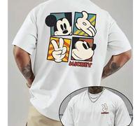 Official Disney Mickey Mouse Peace Sign Print 220gsm Cotton T-shirt for Men - Summer casual short-sleeved, loose-fitting, breathable crew neck t-shirt