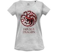 Officiel House of Dragon T-Shirt Femme Dragon Logo Imprimé Cotton Round Neck Tee Westeros Inspired Casual Wear Breathable Short Sleeve Top - Targaryen Fan Gift, Gris Melange_Taille XXL