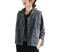OFFSUM Damen Jeansweste - Einreihige Weste In Übergröße Einfarbig Für Frühling Und Sommer Locker Ärmellos Mit Tasche Kleidung Im Koreanischen Stil Grau S