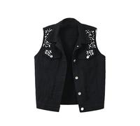 OFFSUM Damen Jeansweste - Frühling Herbst Einfarbig Ärmellose Mode Perlen Weste Koreanischen Stil Plus Größe Leichte Einreiher Top Schwarz XL