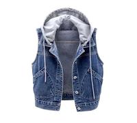 OFFSUM Damen Jeansweste - Frühling Herbst Einreihige Ärmellose Kapuzenjacke Große Größe Einfarbig Mit Tasche Lässige Weste Kleidung,Blau,XL