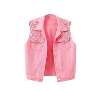 OFFSUM Damen Jeansweste - Frühling Und Sommer Einfarbig Ärmellos Klassische Perlenweste Koreanischer Stil Übergröße Leichtes Einreihiges Oberteil Rosa XL