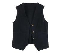 OFFSUM Damen Jeansweste - Klassischer Einreihiger Mantel Für Frühling Und Herbst Ärmellos Einfarbig Übergröße Lässig Mit Reißverschluss Kleidungsoberteil Schwarz XXL