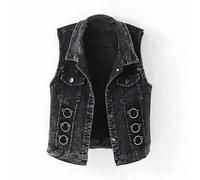 OFFSUM Damen Jeansweste - Klassischer Koreanischer Stil Frühling Und Herbst Einfarbig Einreihig Übergröße Lässig Ärmellos Strickjacke Weste Schwarz L