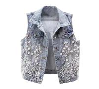 OFFSUM Damen Jeansweste - Mode Perlen Blume Bestickt Frühling Sommer Ärmellose Jacke Einreihige Große Weste Mit Gebrochenen Löchern Blau 3Xl