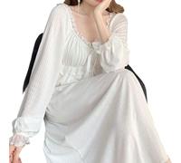 OFFSUM Damen Nachthemd - Frühling Herbst Mode Spitze Einfarbige Baumwollnachthemd Große Größe Casual Weiß Elegante Dessous Nachthemd Kleidung, Weiß, M