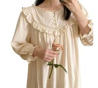 OFFSUM Damen Nachthemd - Vintage Rundhals Klassische Stickerei Baumwolle Nachthemd Beige Elegant Bequem Atmungsaktiv Plus Size Nachtwäsche Kleid,Beige,XL