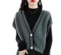 OFFSUM Gestrickte Pulloverweste Für Damen - Herbst Einreiher Koreanischer Stil Casual Pullover Weste V-Ausschnitt Patchwork Strickjacke Ärmellose Strickweste Mantel,Grau,M