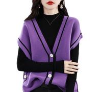 OFFSUM Gestrickte Pulloverweste Für Damen - Herbst Einreiher Koreanischer Stil Casual Pullover Weste V-Ausschnitt Patchwork Strickjacke Ärmellose Strickweste Mantel Lila 4XL