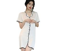 OFFSUM Kurzarm Pyjama Für Damen - Hochwertiges Sommer-Nachthemd Klassisch Lässig Einfarbig Kleid Satin Nachtwäsche V-Ausschnitt Nachthemd Kleidung Unterwäsche Weiß M