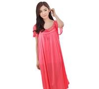 OFFSUM Kurzarm Pyjama Für Damen - Modischer Rundhalsausschnitt Einfarbig Große Größe Satin-Jacquard-Nachtwäsche Sommer Klassisches Nachthemd Sexy Homewear-Kleidung Rot 3XL