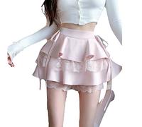 OFFSUM Kurze Röcke Für Damen -Rüschen Spitze Miniröcke Frauen Hohe Taille Süße Kleidung Einfarbig Mode Lässig Bequem Sommer Elegante Partykleidung,Rosa,L(53-60Kg)