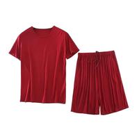 OFFSUM Pyjama Set Für Herren - Sommer-Nachtwäsche Mit Kurzen Ärmeln Zweiteilig Lockerer Rundhalsausschnitt Einfarbig Große Größe Baumwolle Weich Atmungsaktiv Loungewear Rot 6XL