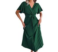 OFFSUM Sommer Damen Kleid - Elegantes Kreuz Mit V-Ausschnitt Großer Saum Lange Kleider Einfarbig Einfaches Kurzarmkleid Mode Lässig Bequeme Streetwear-Kleidung,Grün,XL