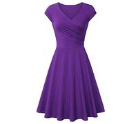 OFFSUM Sommer Damen Kleid - Kurzarmkleider Mode Elegant Einfarbig V-Ausschnitt Lässig Bequem Party Bankett Hochzeitskleid A-Linie Schlank Mittellange Kleidung,Lila,M