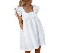 OFFSUM Sommer Damen Kleid - Süßes Quadratisches Kragenkleid Frauen Rüschen Elegant Einfarbig Einfache Tasche Lose Beiläufig Bequem Für Strandparty Streetwear Sexy Kleidung,Weiß,S