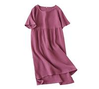 OFFSUM Sommer Damen Kleid - Vintage Baumwollkleid Einfarbig O-Ausschnitt Kurzarm Lang Heimkleidung Weich Bequem Einfach Rundhals Lose Kleider Streetwear,Lila,L