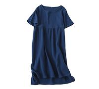 OFFSUM Sommer Damen Kleid - Vintage Baumwollkleid Einfarbig O-Ausschnitt Kurzarm Lang Heimkleidung Weich Bequem Einfach Rundhals Lose Kleider Streetwear,Blau,M