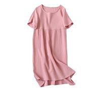OFFSUM Sommer Damen Kleid - Vintage Baumwollkleid Einfarbig O-Ausschnitt Kurzarm Lang Heimkleidung Weich Bequem Einfach Rundhals Lose Kleider Streetwear,Rosa,XL
