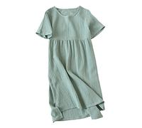 OFFSUM Sommer Damen Kleid - Vintage Baumwollkleid Einfarbig O-Ausschnitt Kurzarm Lang Heimkleidung Weich Bequem Einfach Rundhals Lose Kleider Streetwear,Grün,M