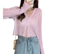OFFSUM Strickjacke Für Damen - Süße Einreihige Temperament-Strickjacke Sommer Lässig Einfarbig Leichte Sonnenschutzkleidung V-Ausschnitt Mantel Rosa S