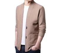OFFSUM Strickjacke Für Herren - Koreanischer Stil Mit Taschen-Cardigan Modisch Jacquard Herbst Und Winter Warm Groß Einreihig Business-Kleidung Khaki S