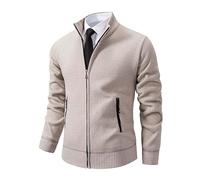 OFFSUM Strickjacke Für Herren - Strickjacke Mit Reißverschluss Vorne Wintermantel Lässig Umlegekragen Fleece Modisch Einfarbig Mit Taschen Oberbekleidung Beige M