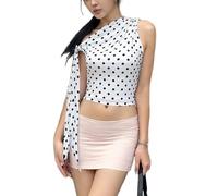 OHERUWKLS Damen Polka-Dot Ärmelloses Asymmetrisches Neck-Tie Stretchy Sommer Y2K Mode T-Shirt,Weiß,L