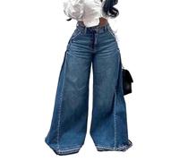 OHERUWKLS Damen Y2K High Waisted Frayed Wide Leg Oversized Ausgestellte, Bodenlange Jeanshose,Blau,S
