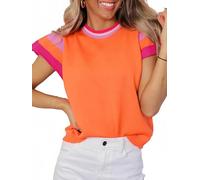 Oheyeseker Damen Kappe Kurzarm T-Shirts,Sommer Stricken Leichtes Pullover,Colors Block Crewneck Sweater Orange-XL
