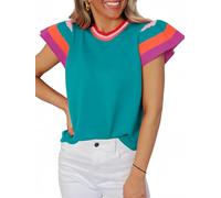 Oheyeseker Damen Kappe Kurzarm T-Shirts,Sommer Stricken Leichtes Pullover,Colors Block Crewneck Sweater Minzblau-XL
